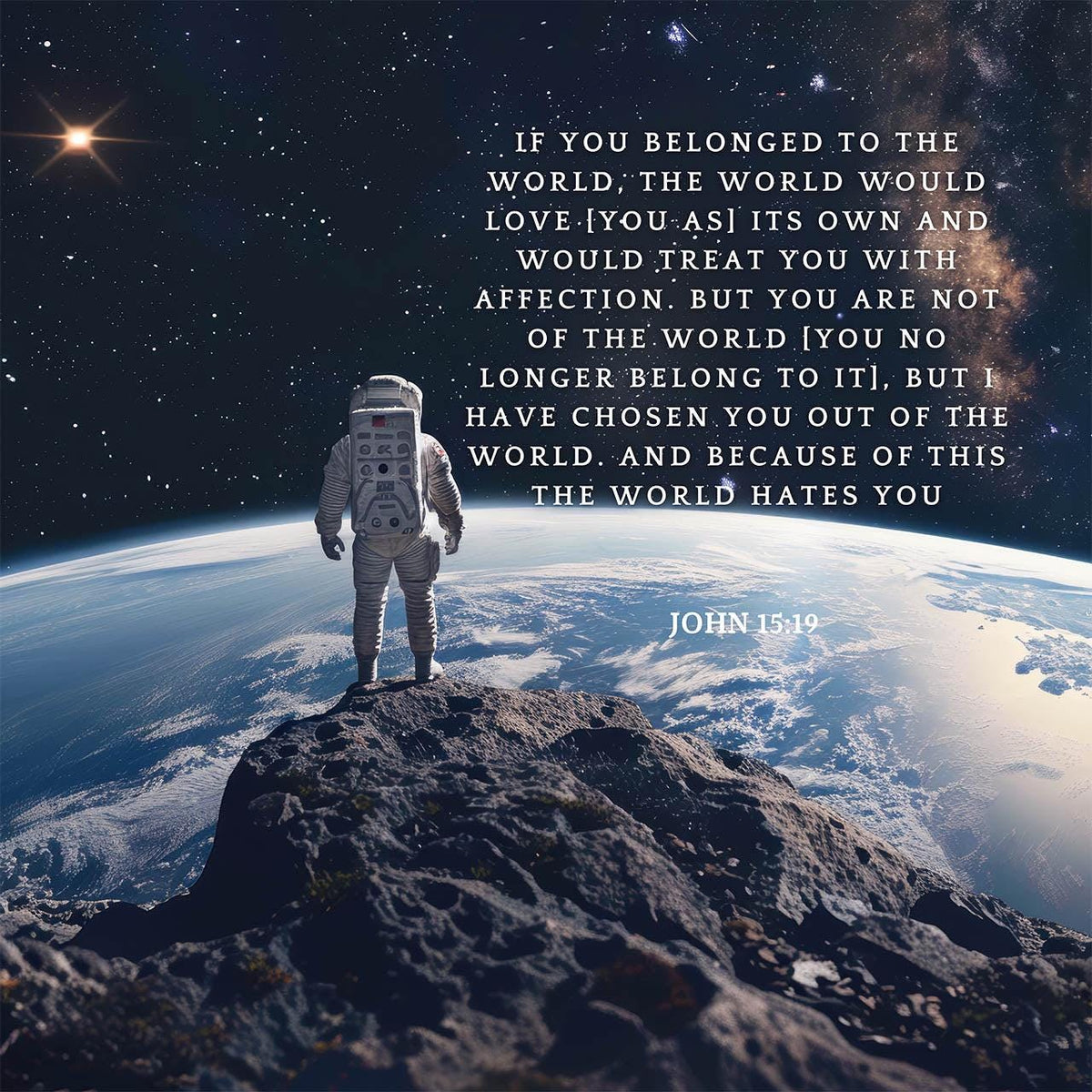 John 15:19
But you are not of the world [you no longer belong to it], but I have chosen you out of the world.